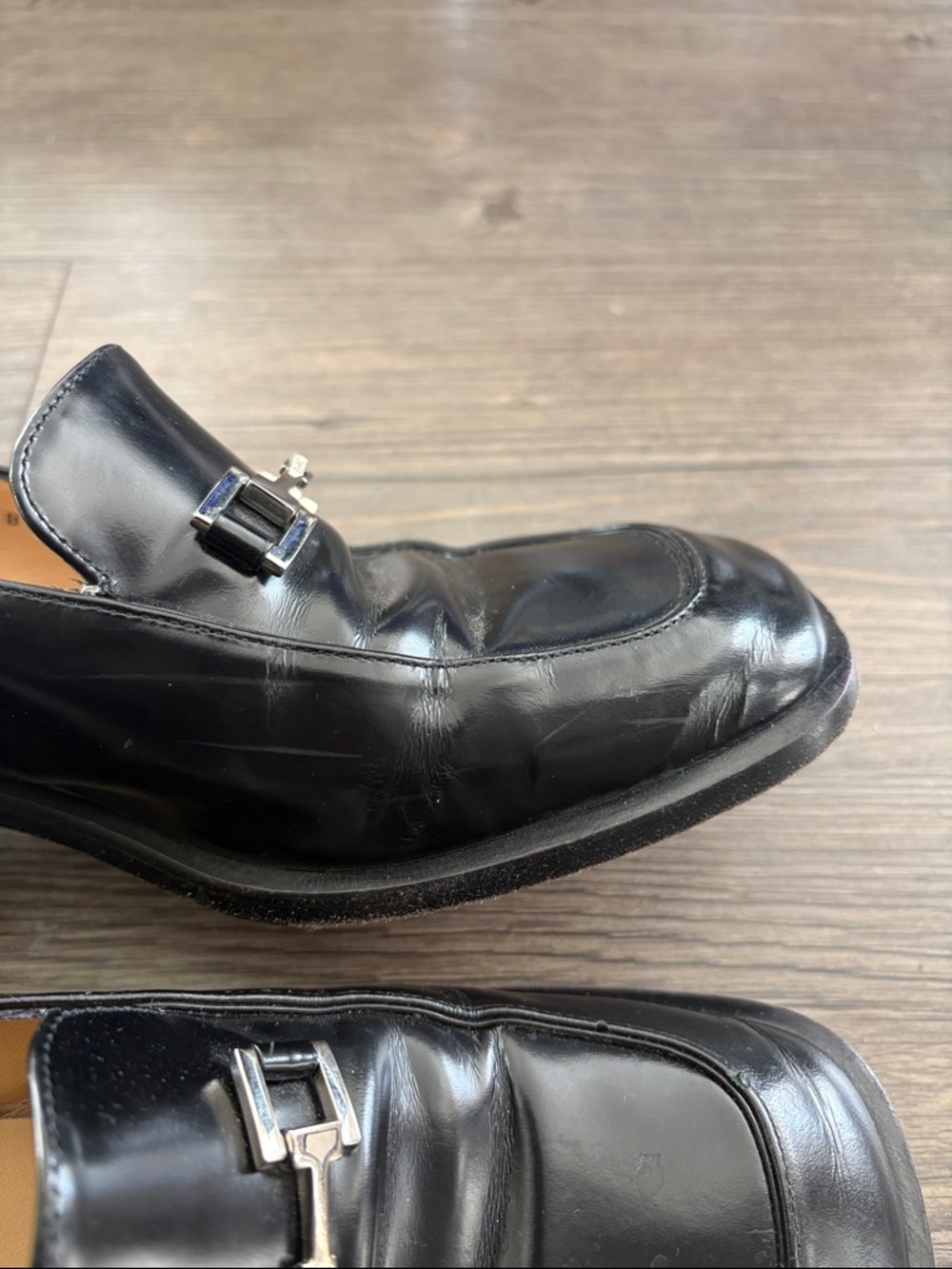 Vintage Gucci Leather Loafers Block Heels Black with Silver Horsebit Detail 9B - Picture 5 of 11